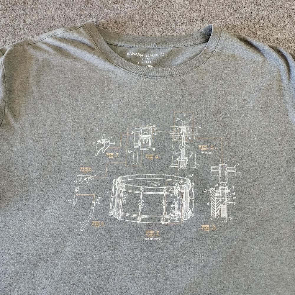 Banana Republic XL Gray Snare Drum Blueprint Graphic T Shirt Cotton Blend Tee - Picture 1 of 6